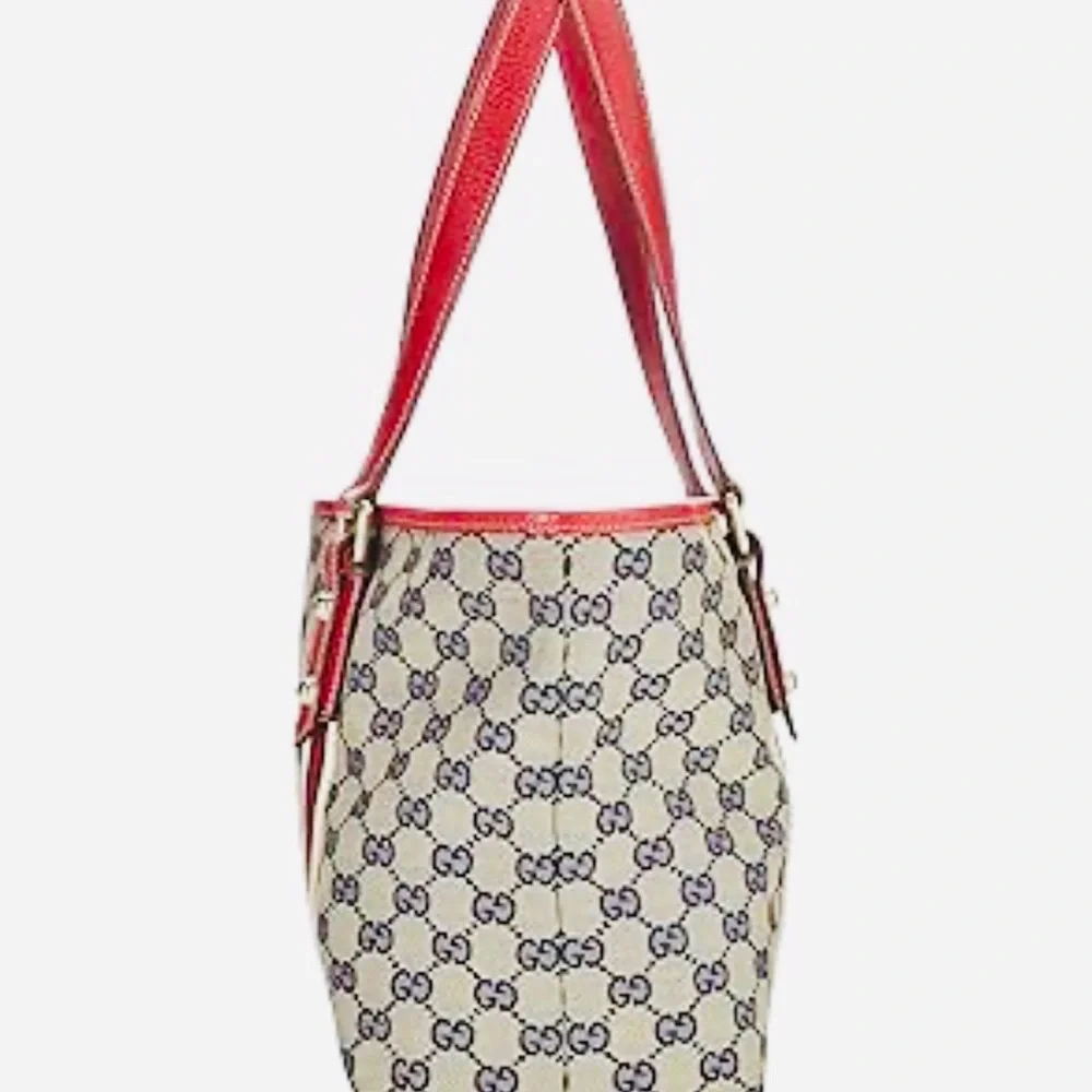 GUCCI Jolicoeur Navy/Red Striped Canvas w/Leather Golden Hardware & Charms, EUC